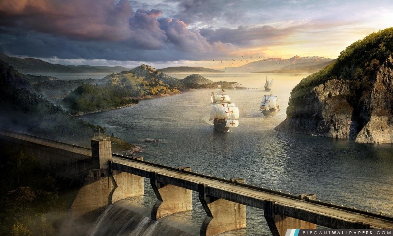 Modernes barrage et vieux navires, Arrière-plans HD à télécharger