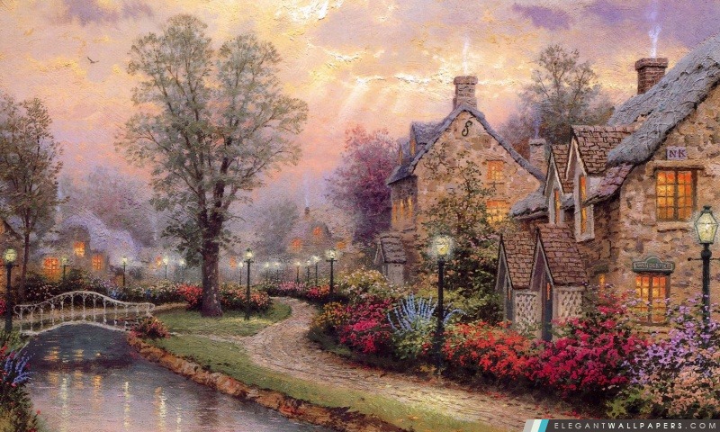 Village peinture par Thomas Kinkade, Arrière-plans HD à télécharger