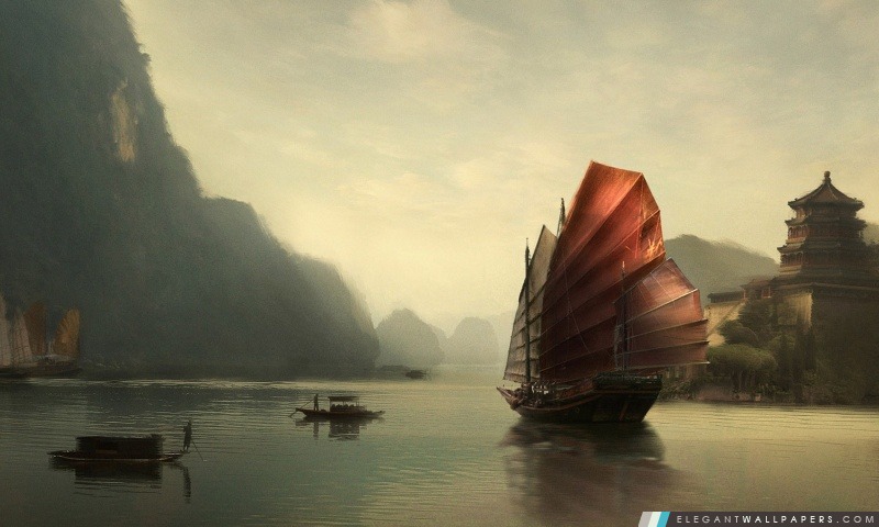 Jonque peinture chinoise, Arrière-plans HD à télécharger