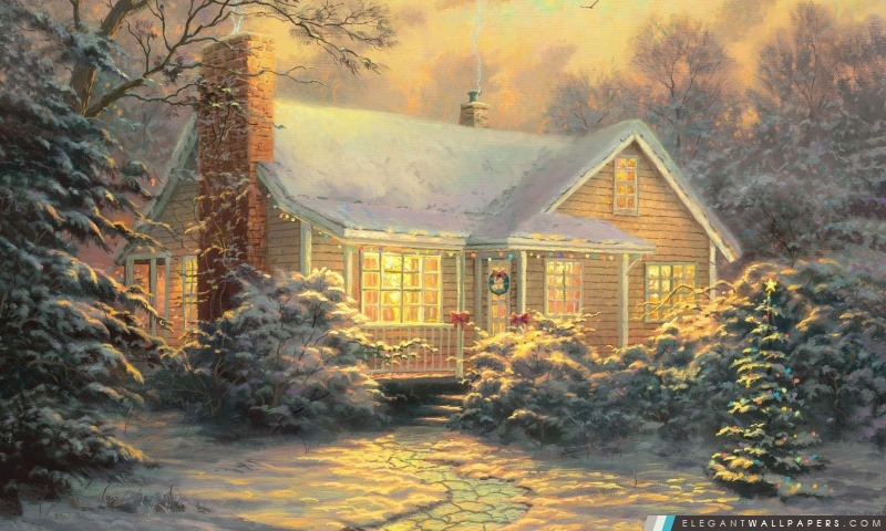 Cottage de Noël par Thomas Kinkade, Arrière-plans HD à télécharger