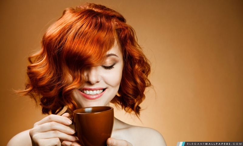 Red Haired femme de boire du café, Arrière-plans HD à télécharger