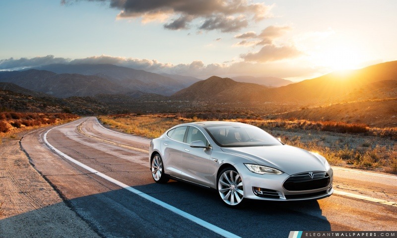 Tesla Model S en argent, Desert Road, Arrière-plans HD à télécharger