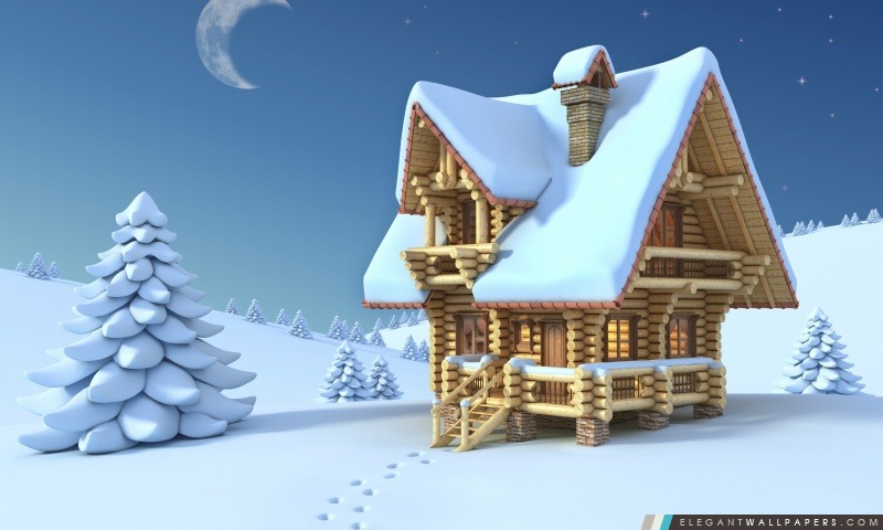 Chalet en Bois Winter 3D, Arrière-plans HD à télécharger