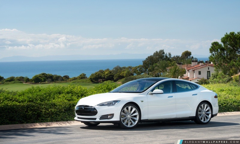 Tesla Model S en blanc, Vue sur l'océan, Arrière-plans HD à télécharger