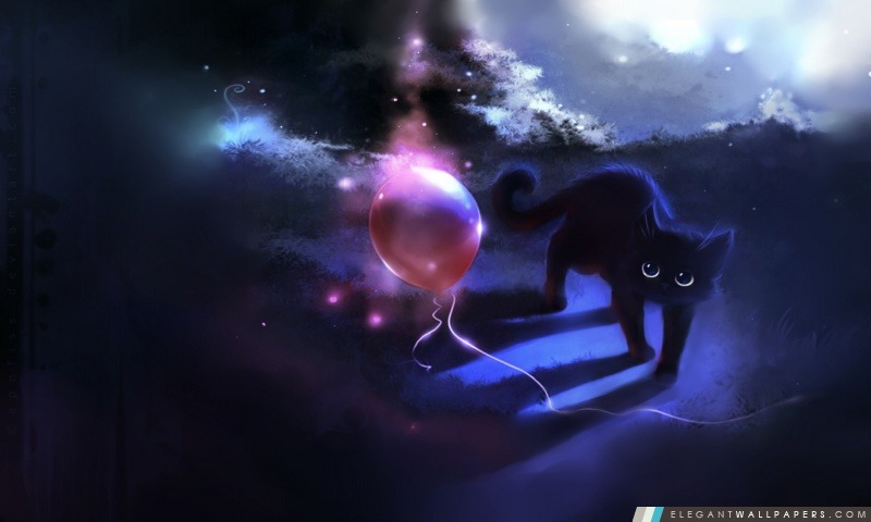 Kitty noir et un ballon rouge, Arrière-plans HD à télécharger