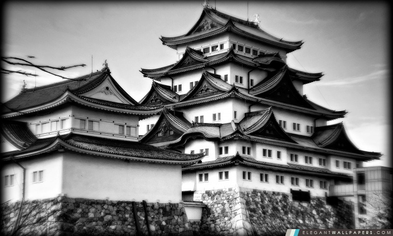 Château de Nagoya En Noir Et Blanc, Arrière-plans HD à télécharger