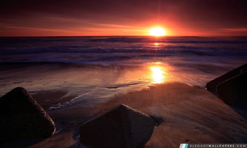 Pierres sur la plage, coucher de soleil, Arrière-plans HD à télécharger