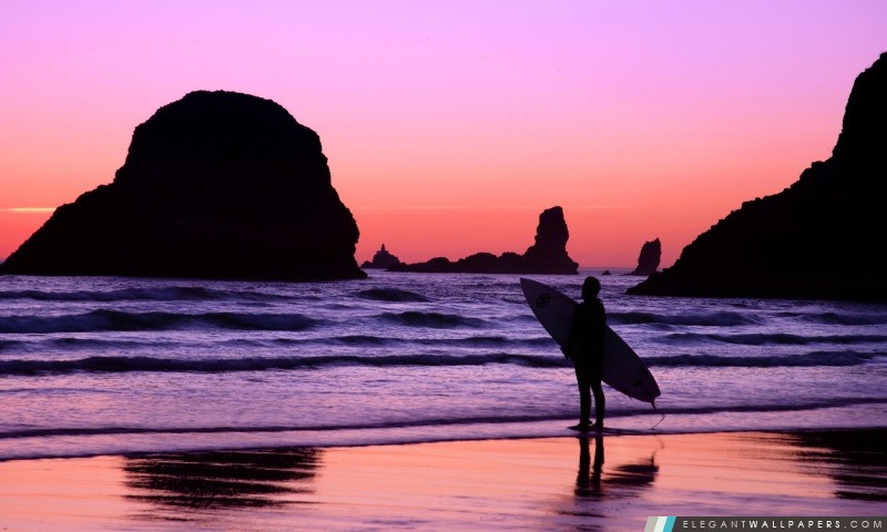 Surfer au coucher du soleil Cannon Beach Oregon, Arrière-plans HD à télécharger